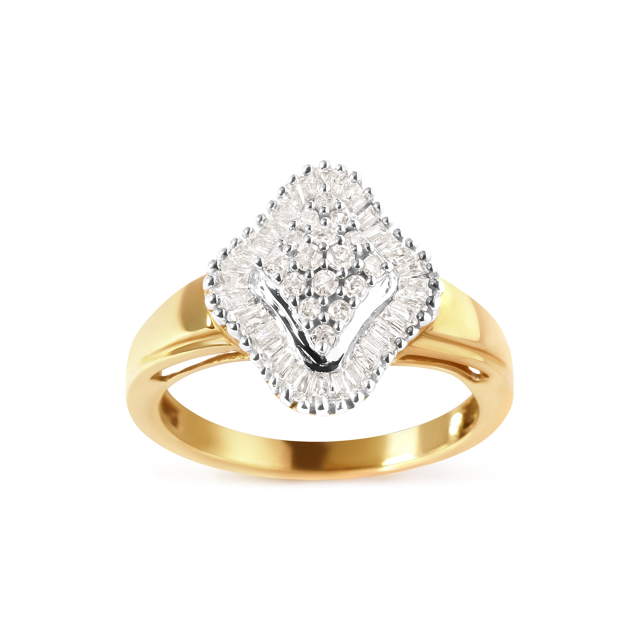 10K Yellow Gold 1/2 Cttw Round And Baguette-cut Diamond Rhombus Head and Halo Ring (I-J Color, I1-I2 Clarity) - Ring Size 7 by Bids.com