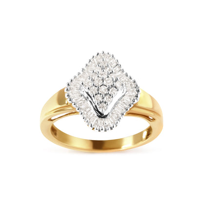 10K Yellow Gold 1/2 Cttw Round And Baguette-cut Diamond Rhombus Head and Halo Ring (I-J Color, I1-I2 Clarity) - Ring Size 7 by Bids.com