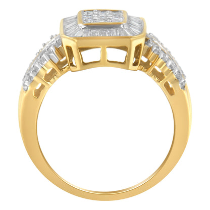 10K Yellow Gold Round and Baguette-Cut Diamond Cluster Ring (1.0 Cttw, I-J Color, SI1-SI2 Clarity) - Size 7 by Bids.com