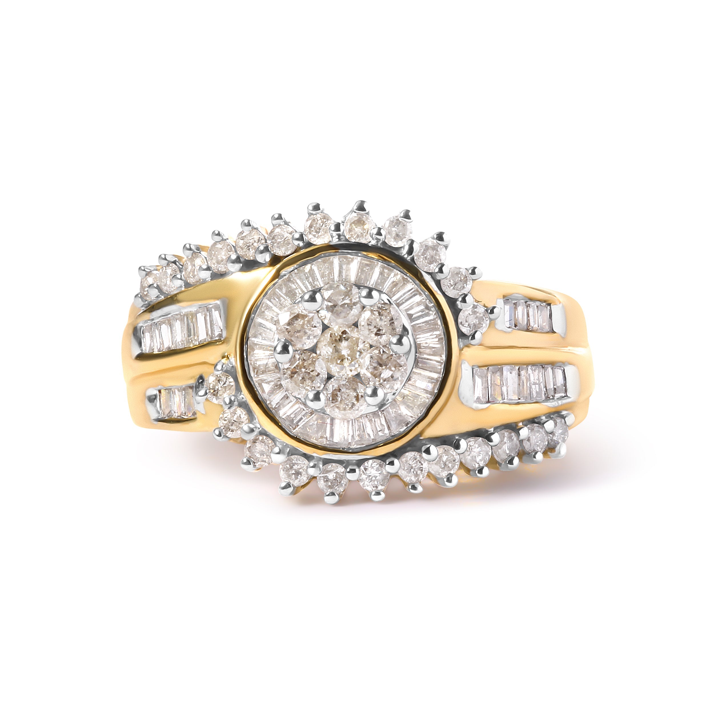 10K Yellow Gold 1 Cttw Round and Baguette cut Diamond Cluster Swirl Band Ring (H-I Color, I1-I2 Clarity) - Ring Size 7 by Bids.com
