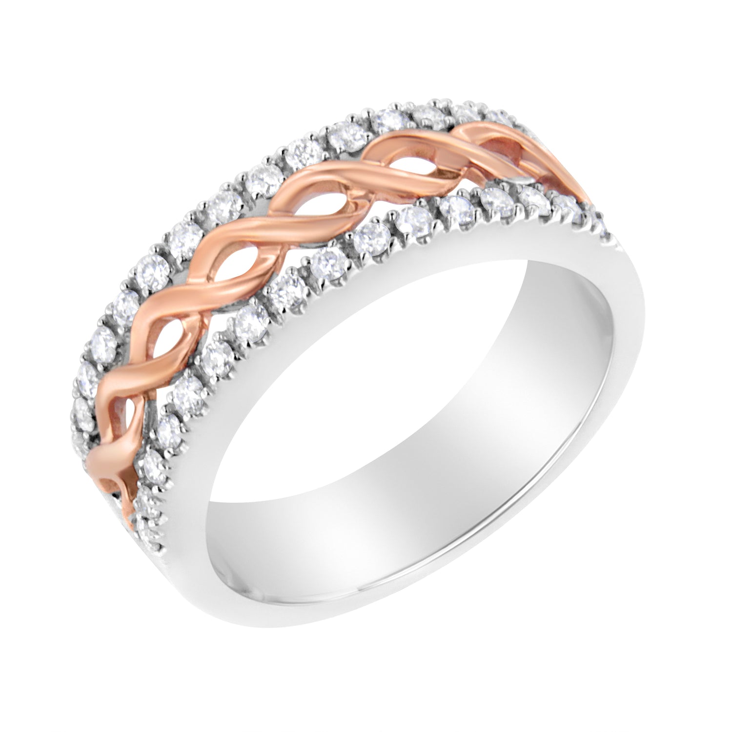 10K White and Rose Gold 1/3 Cttw Diamond Split Shank and Infinity Ribbon Band Ring (I-J Color, I1-I2 Clarity) - Size 6 by Bids.com