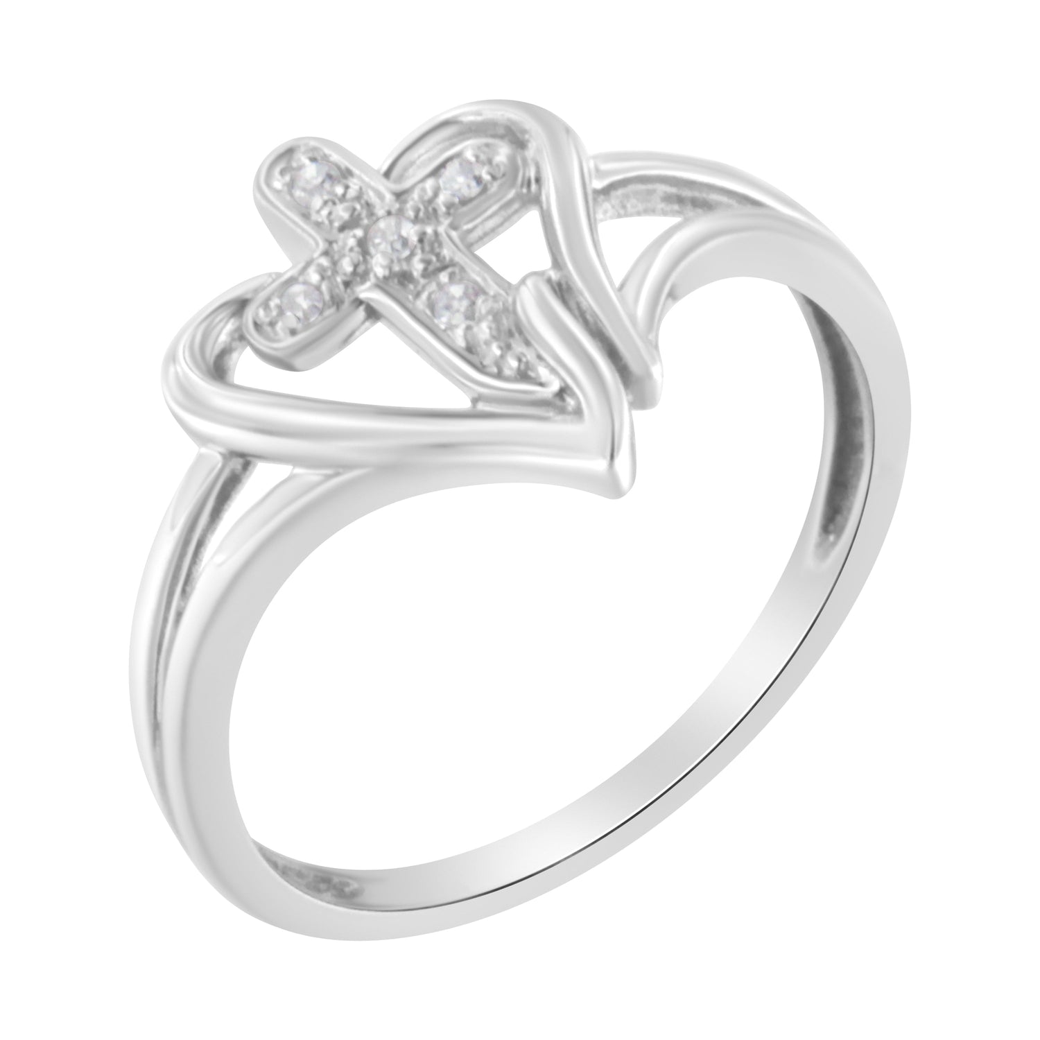 10K White Gold Diamond-Accented Cross &amp; Open Heart Promise Fashion Ring (H-I Color, I1-I2 Clarity) - Size 7 by Bids.com
