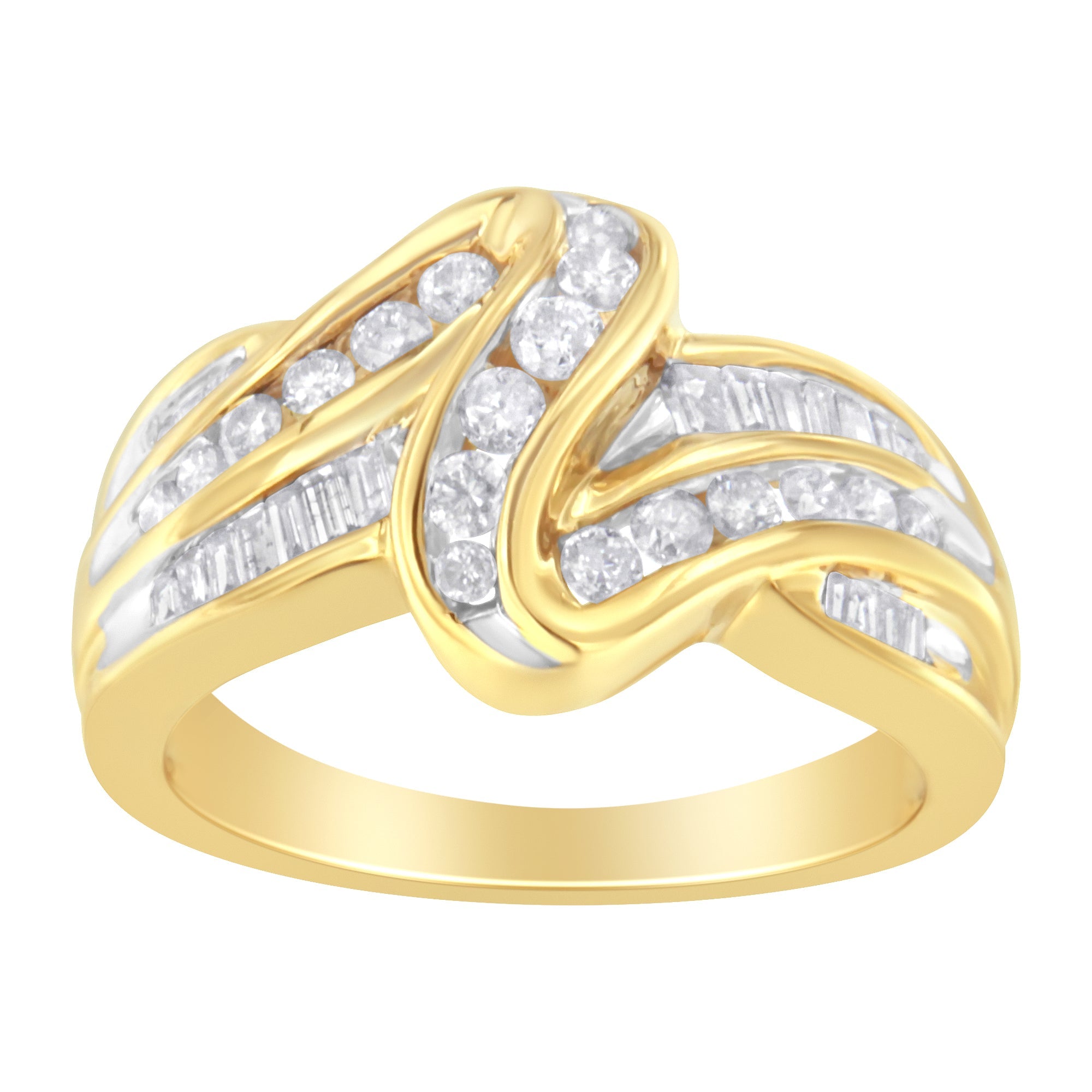 10K Yellow Gold 3/4 Cttw Channel Set Round and Baguette-cut Diamond Double Shank Bypass Ring (J-K Color, I1-I2 Clarity) - Size 6.75 by Bids.com