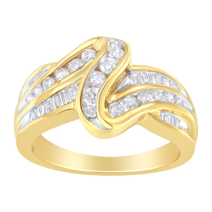 10K Yellow Gold 3/4 Cttw Channel Set Round and Baguette-cut Diamond Double Shank Bypass Ring (J-K Color, I1-I2 Clarity) - Size 6.75 by Bids.com