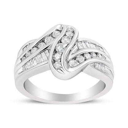 10K White Gold Ring 3/4 Cttw Round and Baguette-Cut Diamond Bypass Ring (H-I Color, I2-I3 Clarity) - Size 6 by Bids.com