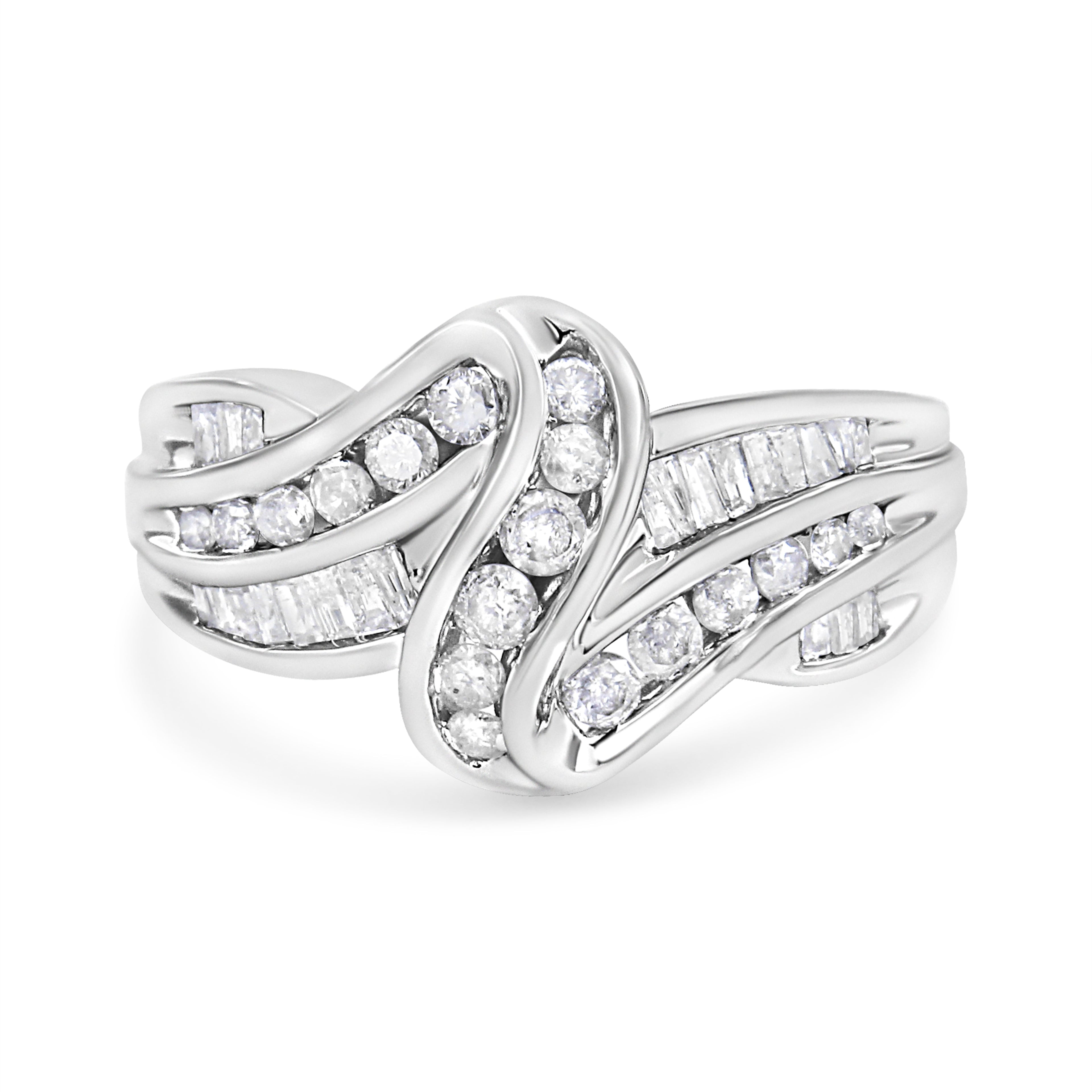 10K White Gold Ring 3/4 Cttw Round and Baguette-Cut Diamond Bypass Ring (H-I Color, I2-I3 Clarity) - Size 6 by Bids.com