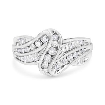 10K White Gold Ring 3/4 Cttw Round and Baguette-Cut Diamond Bypass Ring (H-I Color, I2-I3 Clarity) - Size 6 by Bids.com