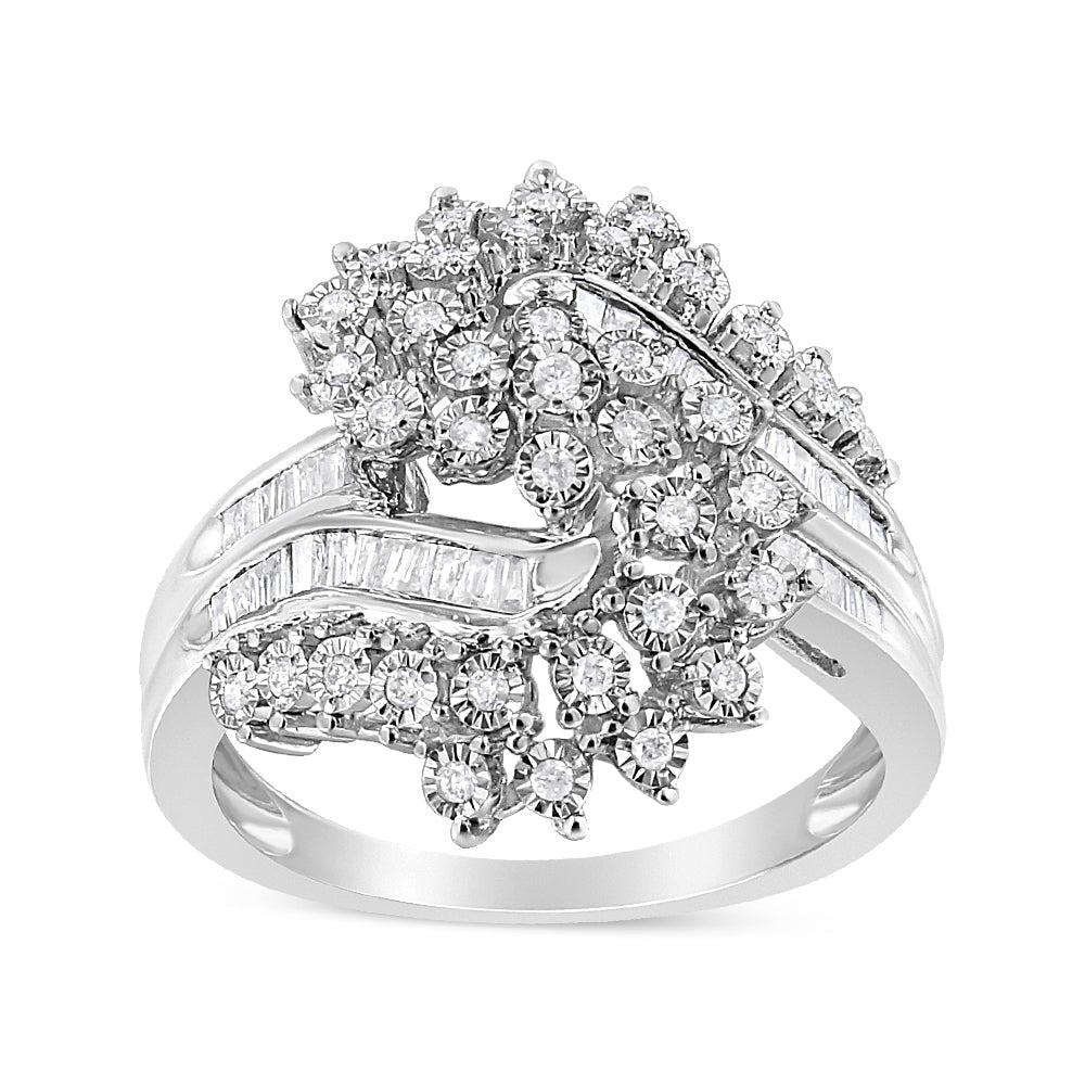 10K White Gold 1/2 Cttw Round and Baguette-Cut "S" Shaped Bypass Cocktail Ring (I-J Color, I1-I2 Clarity) - Size 7 by Bids.com