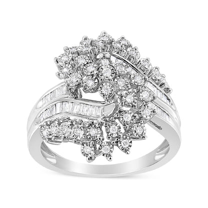 10K White Gold 1/2 Cttw Round and Baguette-Cut "S" Shaped Bypass Cocktail Ring (I-J Color, I1-I2 Clarity) - Size 7 by Bids.com