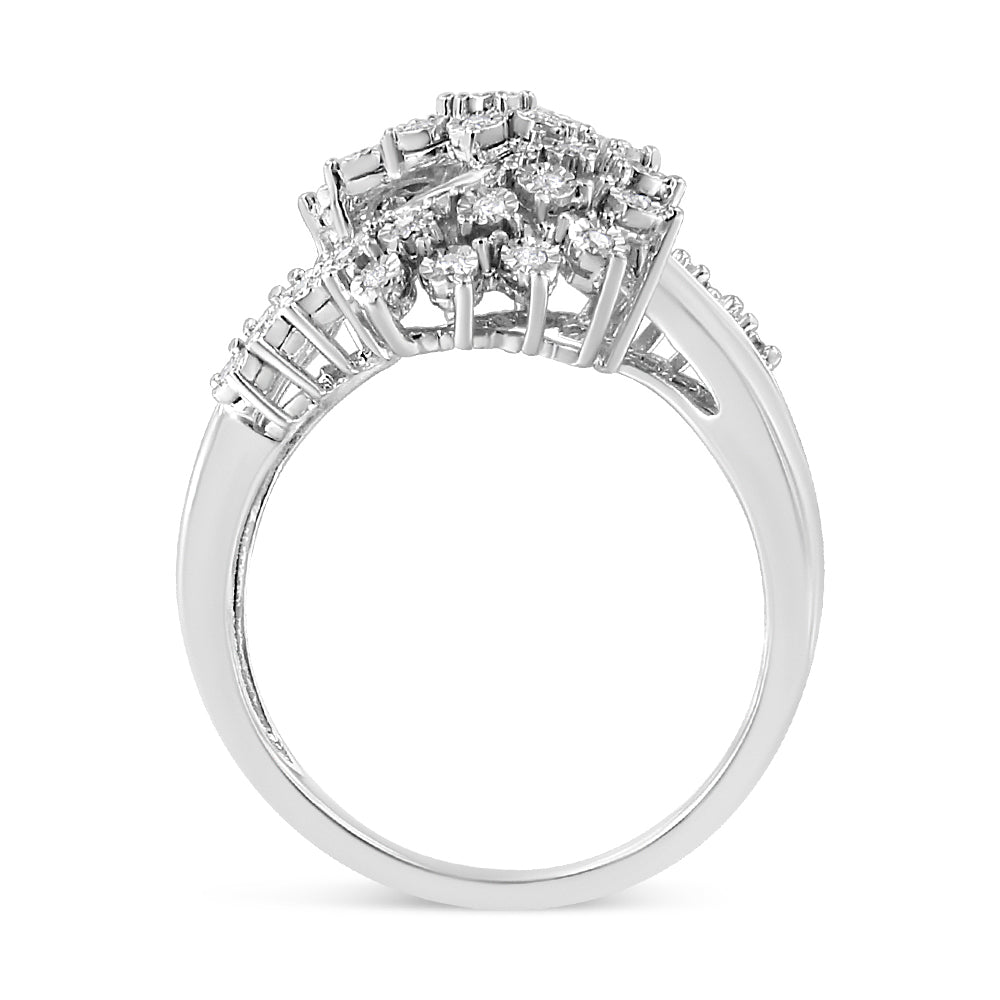 10K White Gold 1/2 Cttw Round and Baguette-Cut "S" Shaped Bypass Cocktail Ring (I-J Color, I1-I2 Clarity) - Size 7 by Bids.com