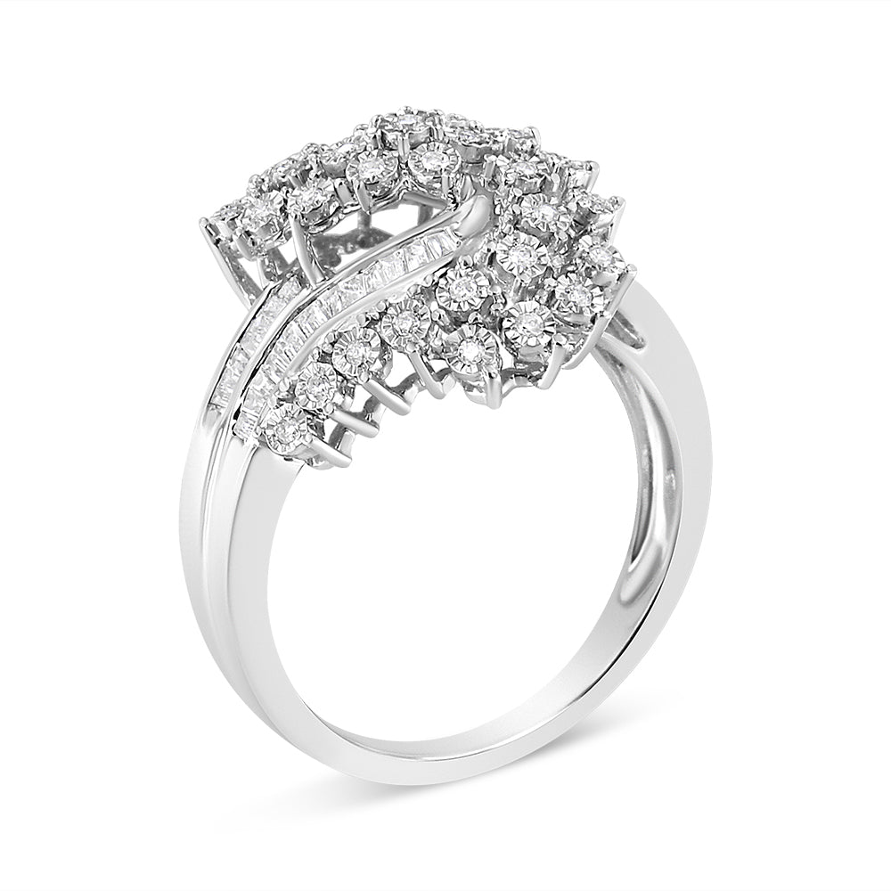 10K White Gold 1/2 Cttw Round and Baguette-Cut "S" Shaped Bypass Cocktail Ring (I-J Color, I1-I2 Clarity) - Size 7 by Bids.com