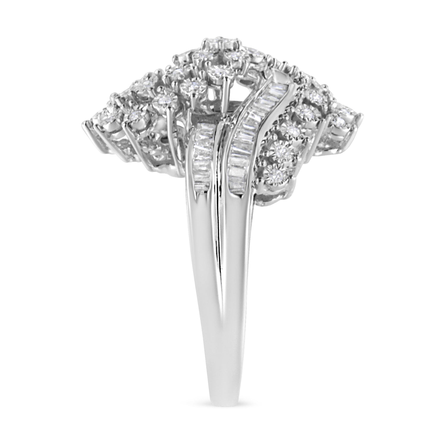 10K White Gold 1/2 Cttw Round and Baguette-Cut "S" Shaped Bypass Cocktail Ring (I-J Color, I1-I2 Clarity) - Size 7 by Bids.com