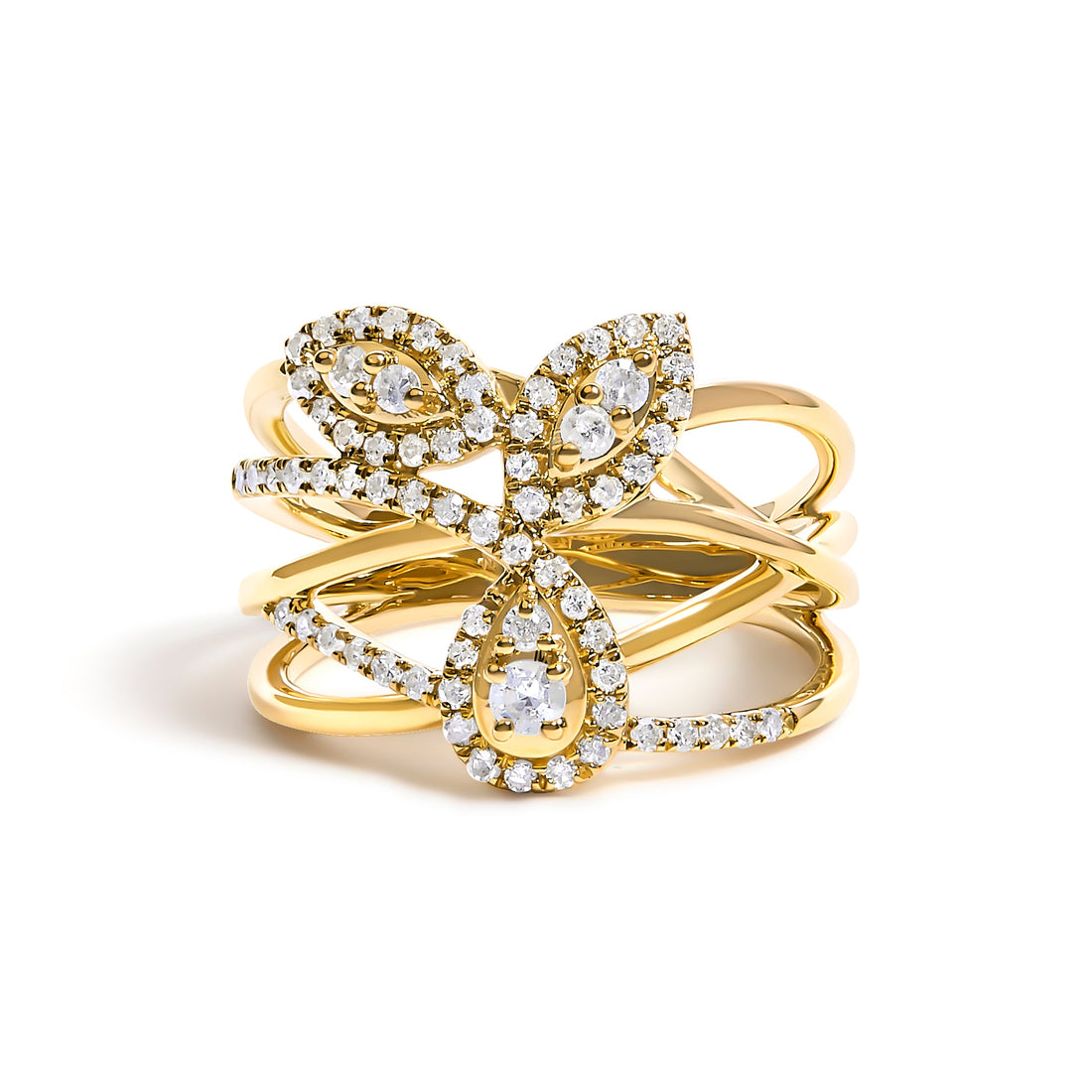 10K Yellow Gold 1/2 Cttw Diamond Crossover 3 Leaf Floral Cocktail Ring Band (H-I Color, SI1-SI2 Clarity) - Size 7 by Bids.com