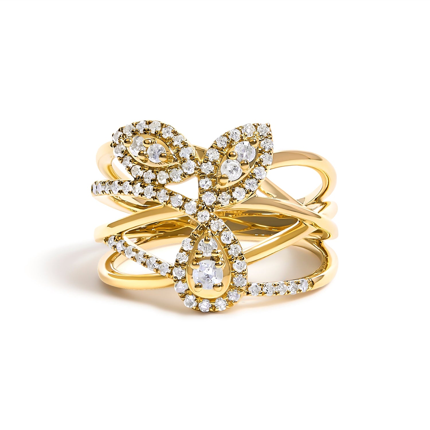 10K Yellow Gold 1/2 Cttw Diamond Crossover 3 Leaf Floral Cocktail Ring Band (H-I Color, SI1-SI2 Clarity)  - Size 7 