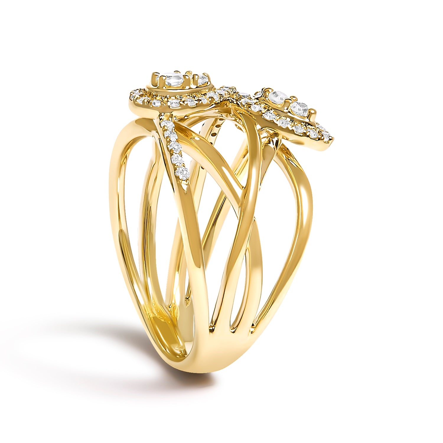 10K Yellow Gold 1/2 Cttw Diamond Crossover 3 Leaf Floral Cocktail Ring Band (H-I Color, SI1-SI2 Clarity)  - Size 7 