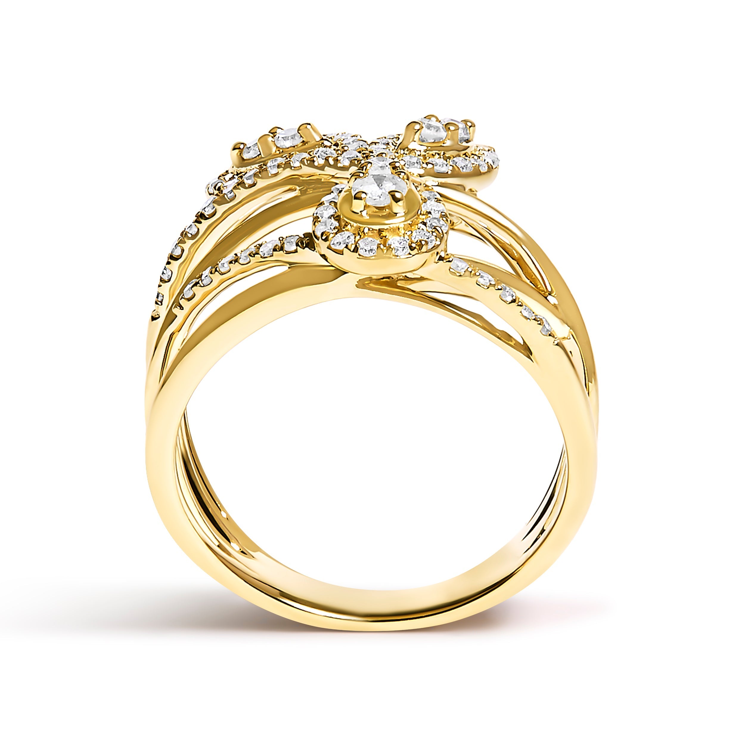 10K Yellow Gold 1/2 Cttw Diamond Crossover 3 Leaf Floral Cocktail Ring Band (H-I Color, SI1-SI2 Clarity)  - Size 7 