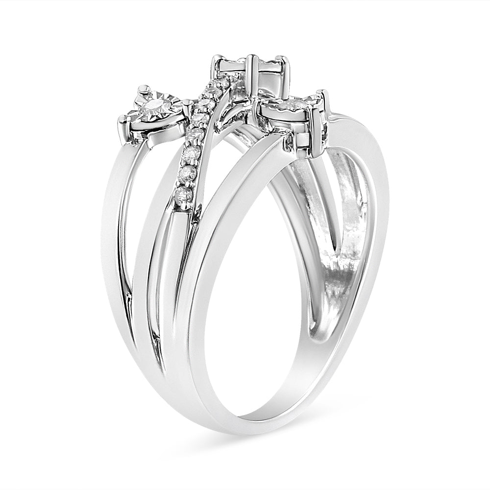 .925 Sterling Silver 1/5 Cttw Miracle-Set Diamond Heart Cross-Over Bypass Ring (I-J Color, I2-I3 Clarity) - Size 7 by Bids.com