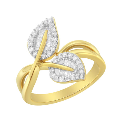 10K Yellow Gold 3/8 Cttw Round and Baguette-Cut Diamond Leaf Cocktail Ring - Size 7 (I-J Color, I1-I2 Clarity) by Bids.com