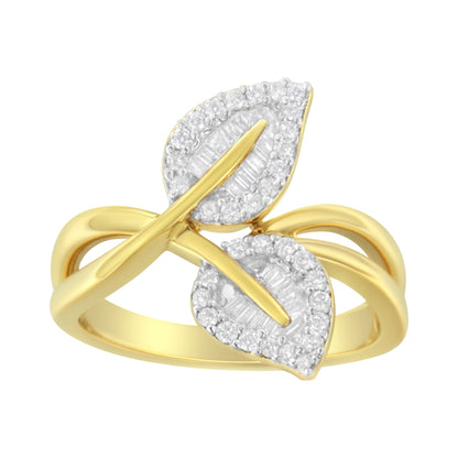 10K Yellow Gold 3/8 Cttw Round and Baguette-Cut Diamond Leaf Cocktail Ring - Size 7 (I-J Color, I1-I2 Clarity) by Bids.com