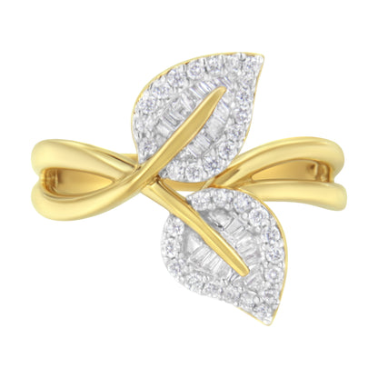 10K Yellow Gold 3/8 Cttw Round and Baguette-Cut Diamond Leaf Cocktail Ring - Size 7 (I-J Color, I1-I2 Clarity) by Bids.com