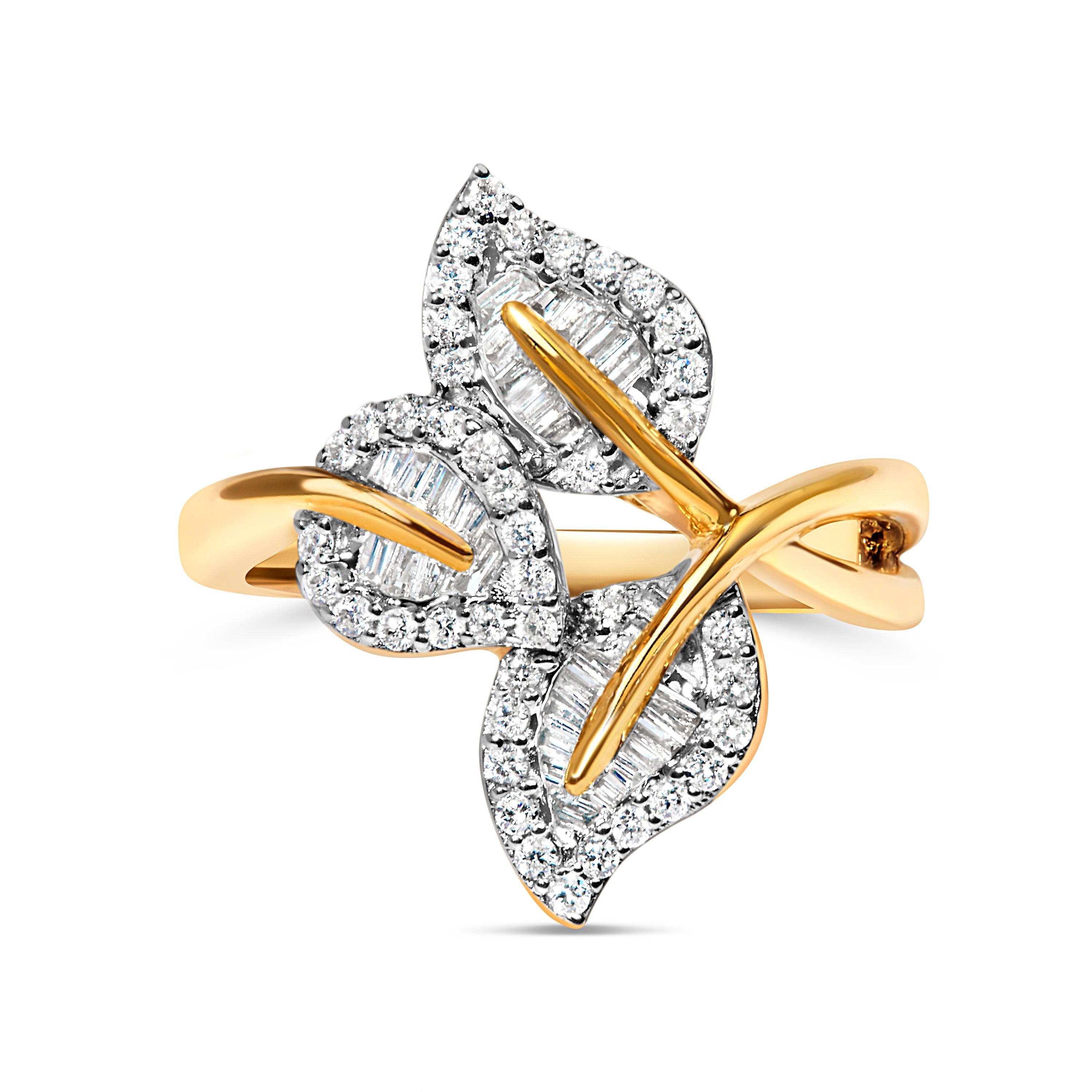 18K Yellow Gold Plated .925 Sterling Silver 1/2 Cttw Baguette and Round Diamond Bypass Triple Leaf Ring (I-J Color, I1-I2 Clarity) - Size 5 by Bids.com