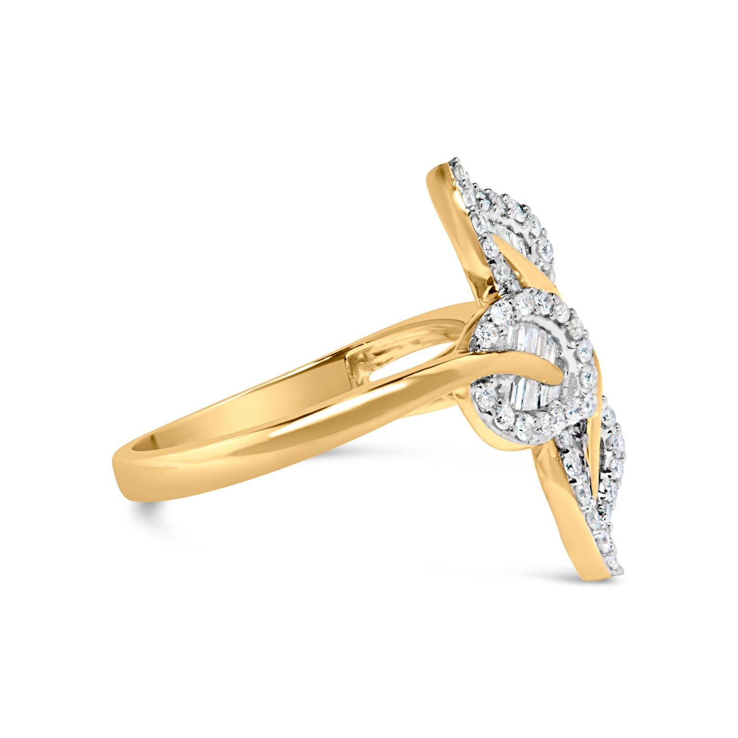 18K Yellow Gold Plated .925 Sterling Silver 1/2 Cttw Baguette and Round Diamond Bypass Triple Leaf Ring (I-J Color, I1-I2 Clarity) - Size 5 by Bids.com