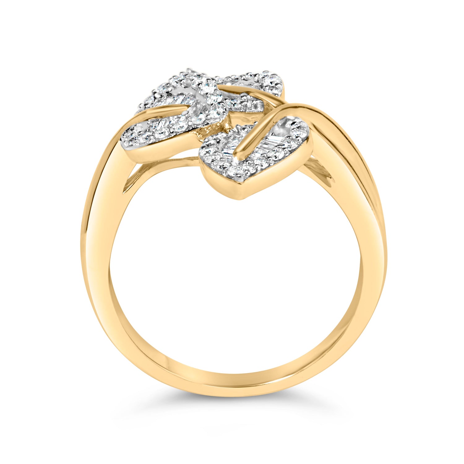 18K Yellow Gold Plated .925 Sterling Silver 1/2 Cttw Baguette and Round Diamond Bypass Triple Leaf Ring (I-J Color, I1-I2 Clarity) - Size 5 by Bids.com