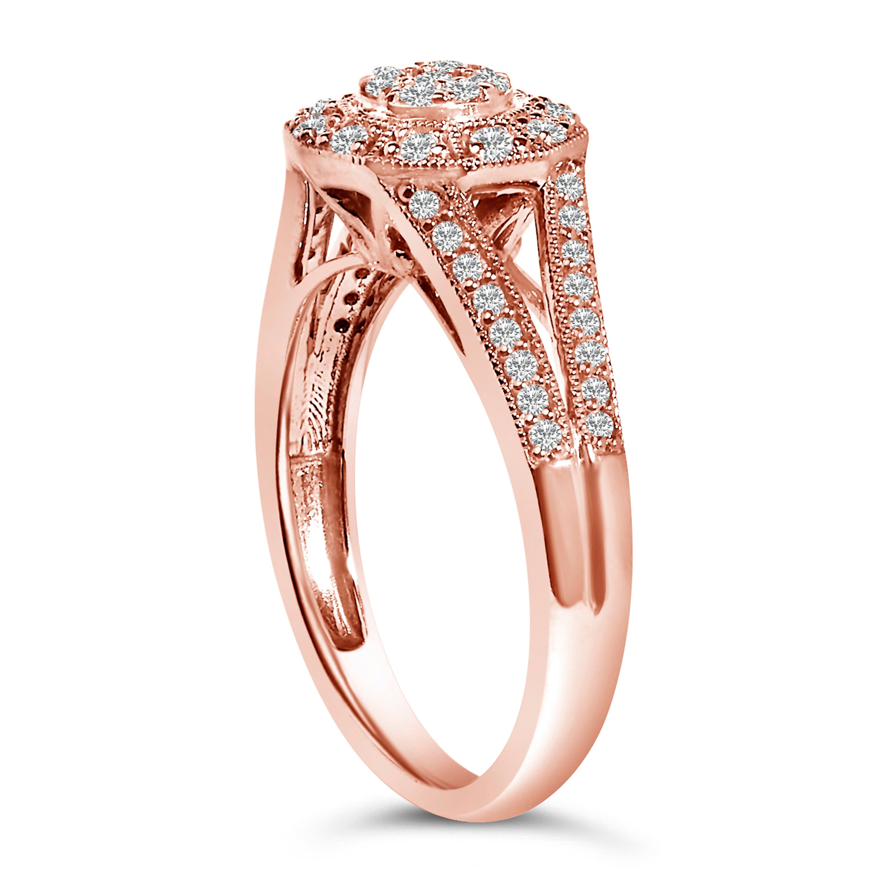14K Rose Gold Plated .925 Sterling Silver 1/2 Cttw Pave Diamond Halo Cluster Split Shank Cocktail Ring (I-J Color, I1-I2 Clarity) - Size 6 by Bids.com