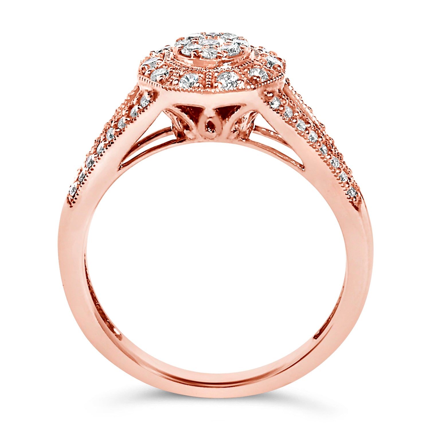 14K Rose Gold Plated .925 Sterling Silver 1/2 Cttw Pave Diamond Halo Cluster Split Shank Cocktail Ring (I-J Color, I1-I2 Clarity) - Size 6 by Bids.com