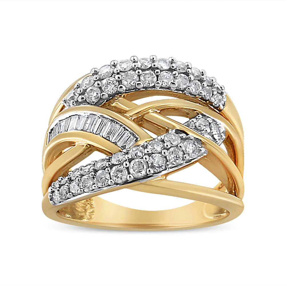 10K Yellow and White Gold 1.0 Cttw Round and Baguette-Cut Diamond Multirow Interwoven Cocktail Ring (I-J Color, I2-I3 Quality) - Size 7 by Bids.com