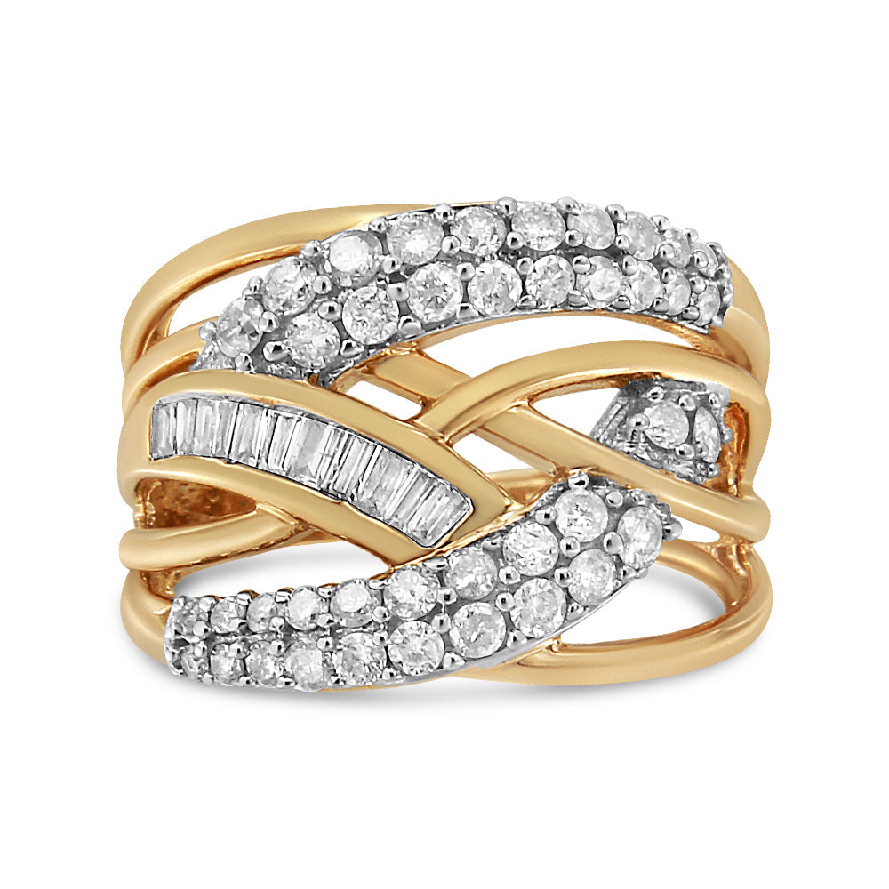 10K Yellow and White Gold 1.0 Cttw Round and Baguette-Cut Diamond Multirow Interwoven Cocktail Ring (I-J Color, I2-I3 Quality) - Size 7 by Bids.com