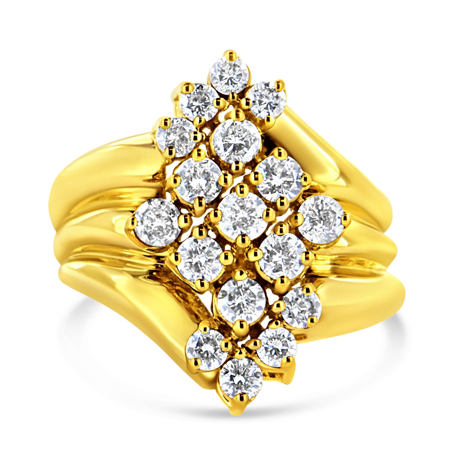 10K Yellow Gold 1 1/2 Cttw Diamond Cluster Tapered Shank Cocktail Ring Cocktail Ring (I-J Color, I1-I2 Clarity) - Ring Size 7 by Bids.com