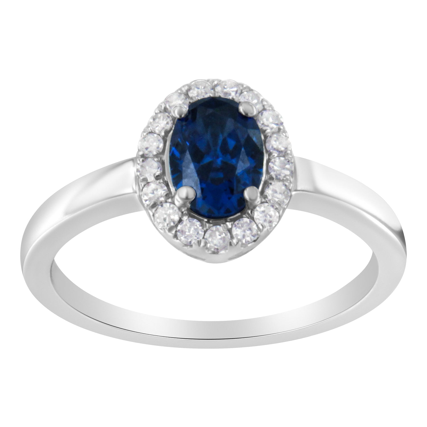 10K White Gold 1/5 Cttw Round Diamond and Prong Set 7MM Created Blue Sapphire Halo Cocktail Ring (H-I Color, I1-I2 Clarity) - Size 7 by Bids.com