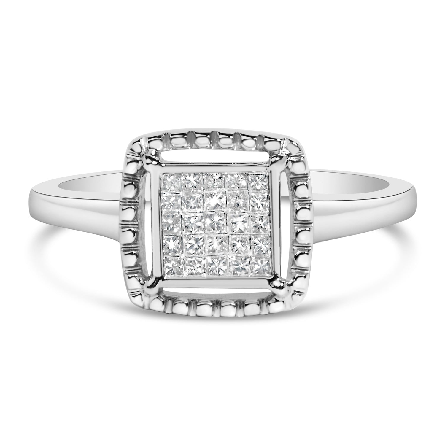 .925 Sterling Silver 1/5 Cttw Invisible Set Princess Cut Diamond Promise Ring with Beaded Halo (H-I Color, I1-I2 Clarity) - Ring Size 7 by Bids.com
