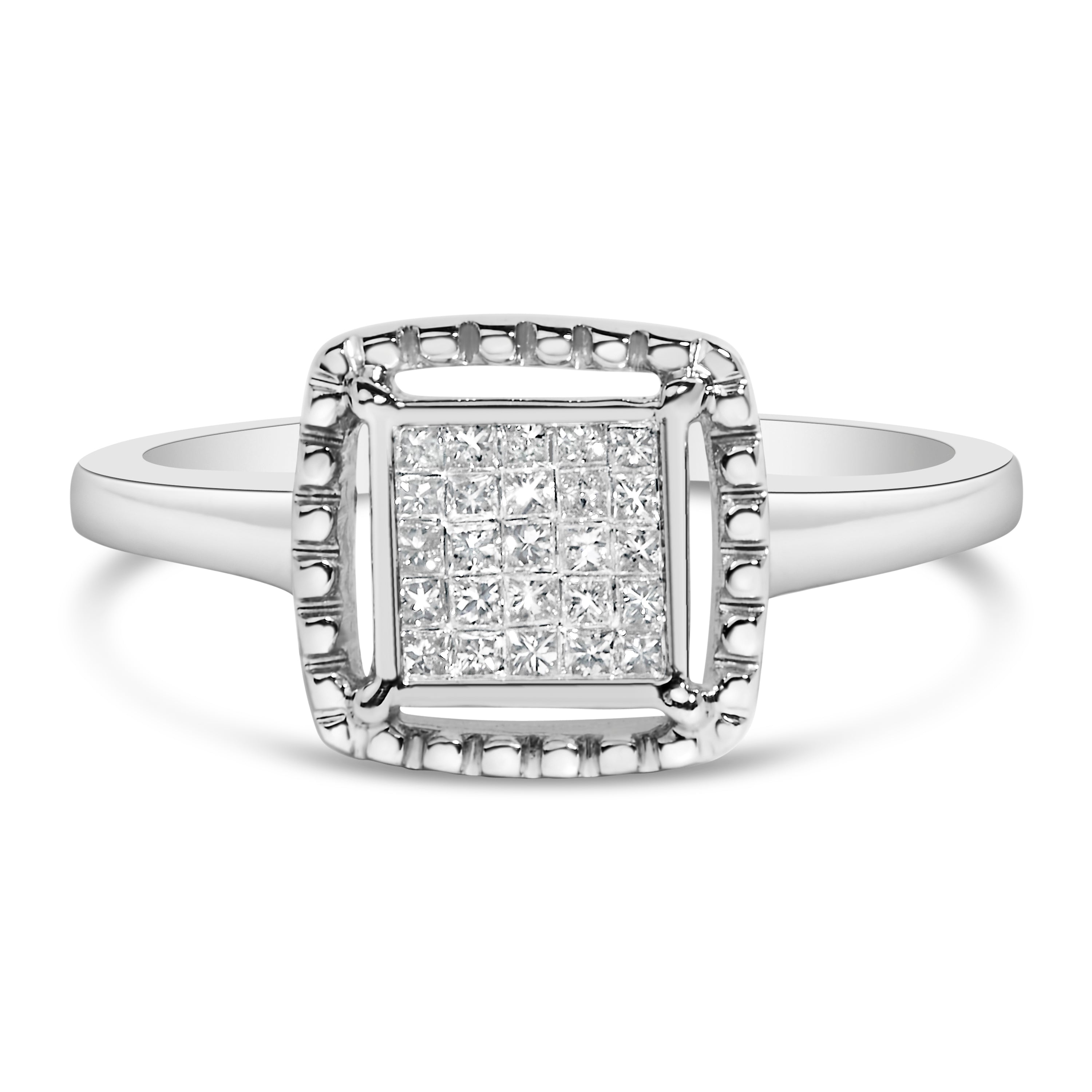 .925 Sterling Silver 1/5 Cttw Invisible Set Princess Cut Diamond Promise Ring with Beaded Halo (H-I Color, I1-I2 Clarity) - Ring Size 7 by Bids.com