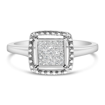 .925 Sterling Silver 1/5 Cttw Invisible Set Princess Cut Diamond Promise Ring with Beaded Halo (H-I Color, I1-I2 Clarity) - Ring Size 7 by Bids.com