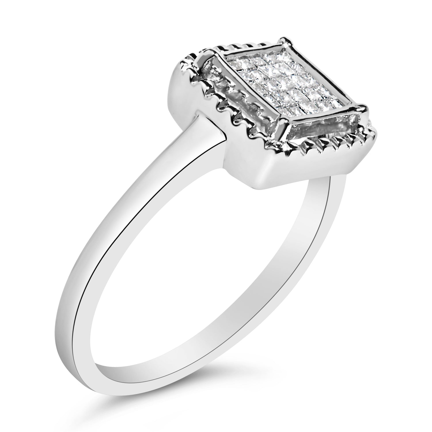 .925 Sterling Silver 1/5 Cttw Invisible Set Princess Cut Diamond Promise Ring with Beaded Halo (H-I Color, I1-I2 Clarity) - Ring Size 7 by Bids.com