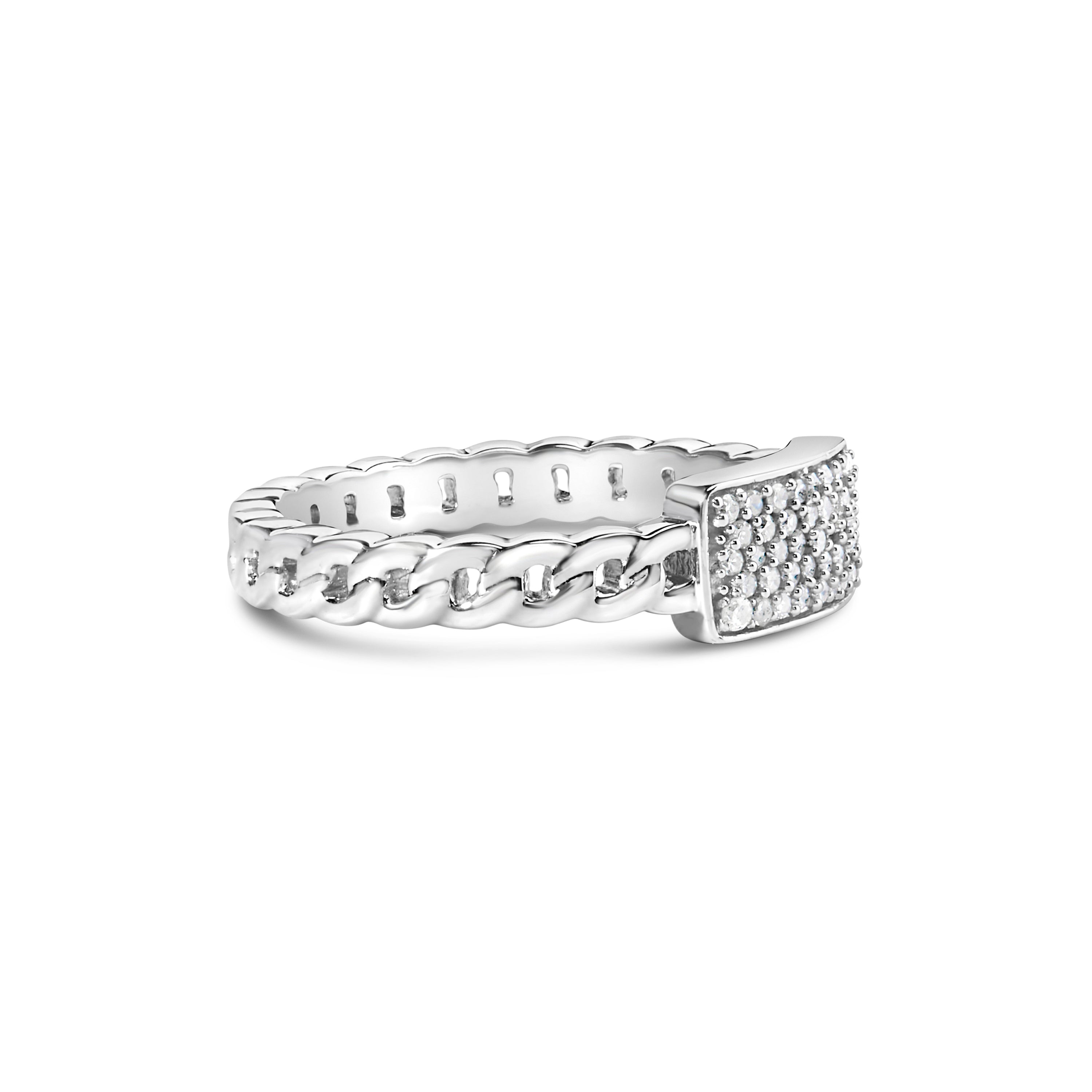 .925 Sterling Silver 1/5 Cttw Diamond ID and Cuban Link Band Ring (I-J Color, I2-I3 Clarity) - Ring Size 6 by Bids.com