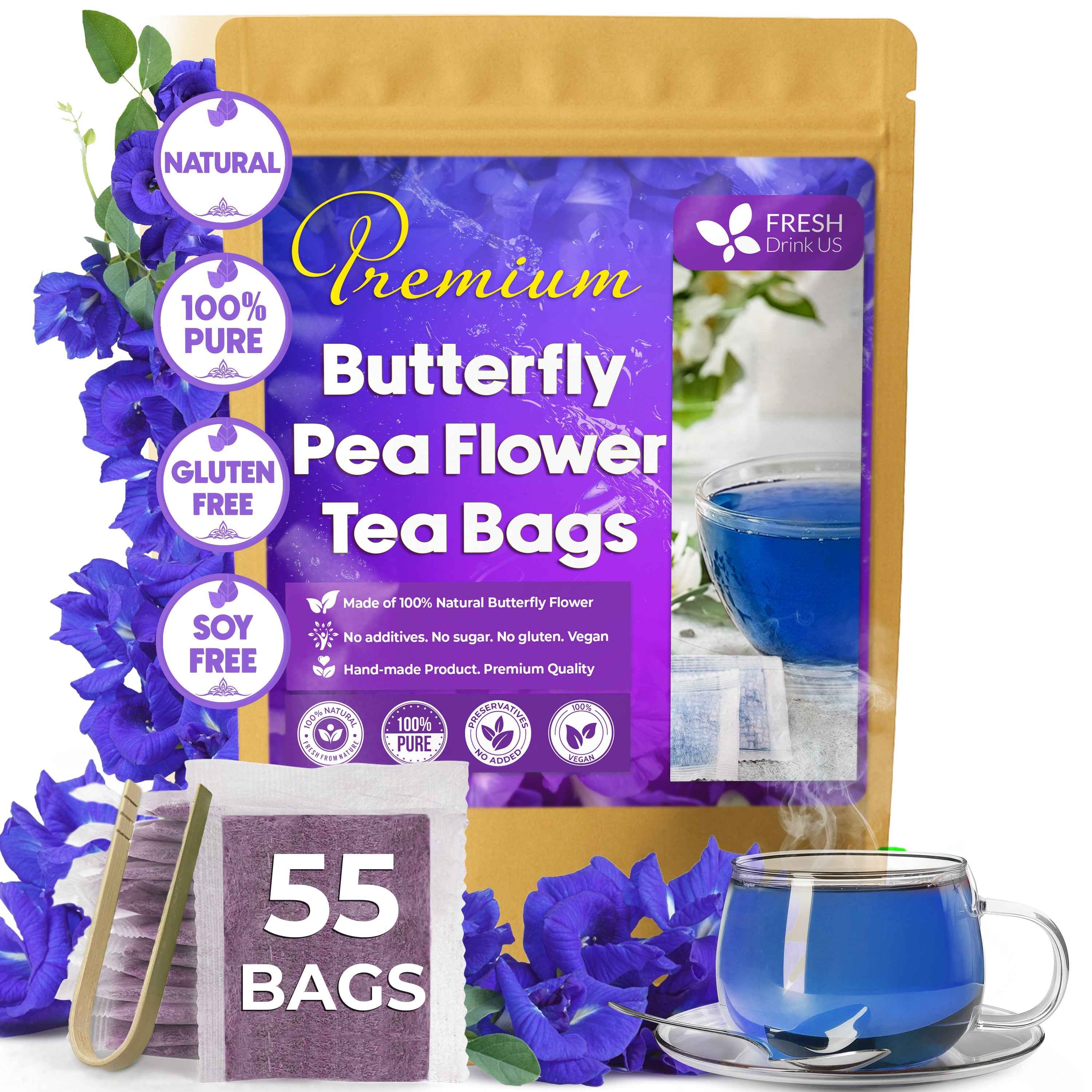 Premium Butterfly Pea Flowers, Tea Bags, 100% Natural and Pure from Butterfly Pea Flowers, Hand-made, Made With Natural Materials-Corn Fiber Tea Bag, Sugar/Caffeine/Gluten Free
