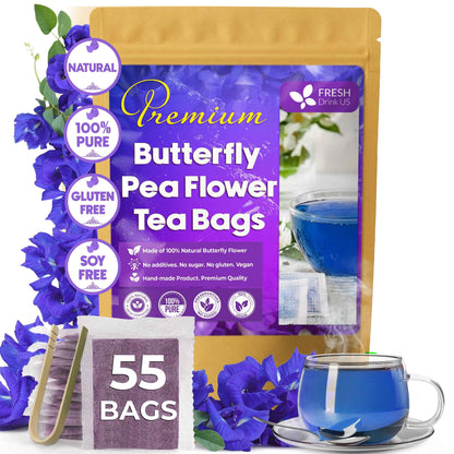 Premium Butterfly Pea Flowers, Tea Bags, 100% Natural and Pure from Butterfly Pea Flowers, Hand-made, Made With Natural Materials-Corn Fiber Tea Bag, Sugar/Caffeine/Gluten Free