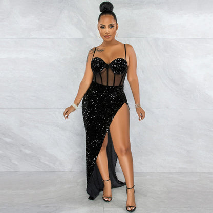 Suspenders Sequin Mesh See through Irregular Asymmetric Slit Dress Women by Ragazza