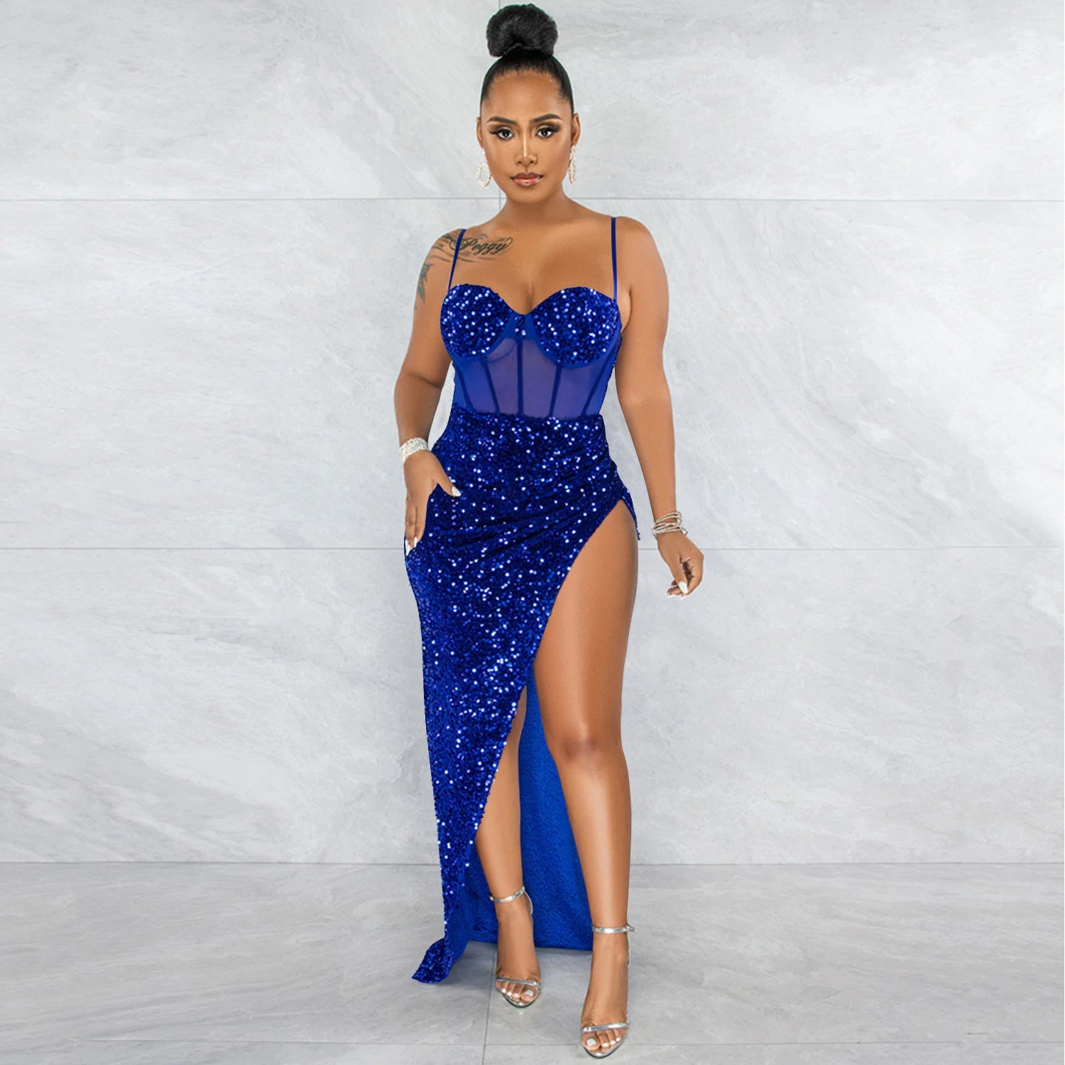 Suspenders Sequin Mesh See through Irregular Asymmetric Slit Dress Women by Ragazza