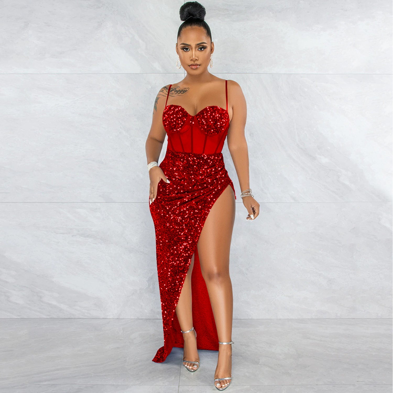 Suspenders Sequin Mesh See through Irregular Asymmetric Slit Dress Women by Ragazza