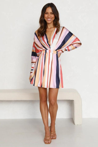 Autumn V neck Long Sleeve Color Striped Slim Dress for Women by Ragazza