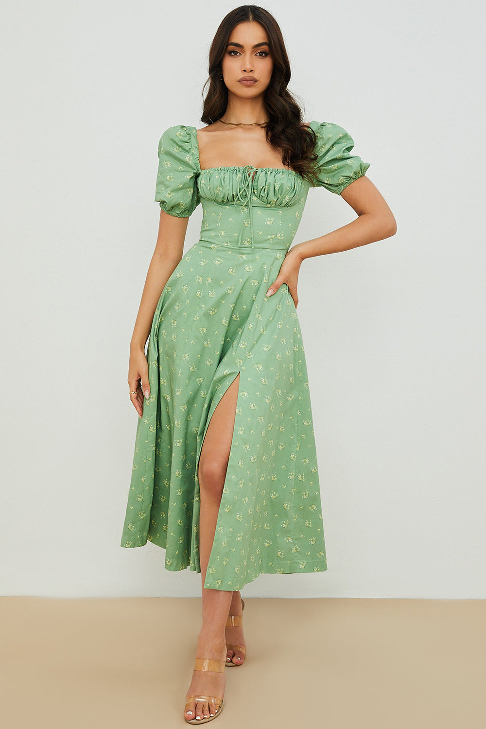 Women Summer Top Product Puff Sleeve Floral Tie Neck High Slit Women Dress Summer by Ragazza