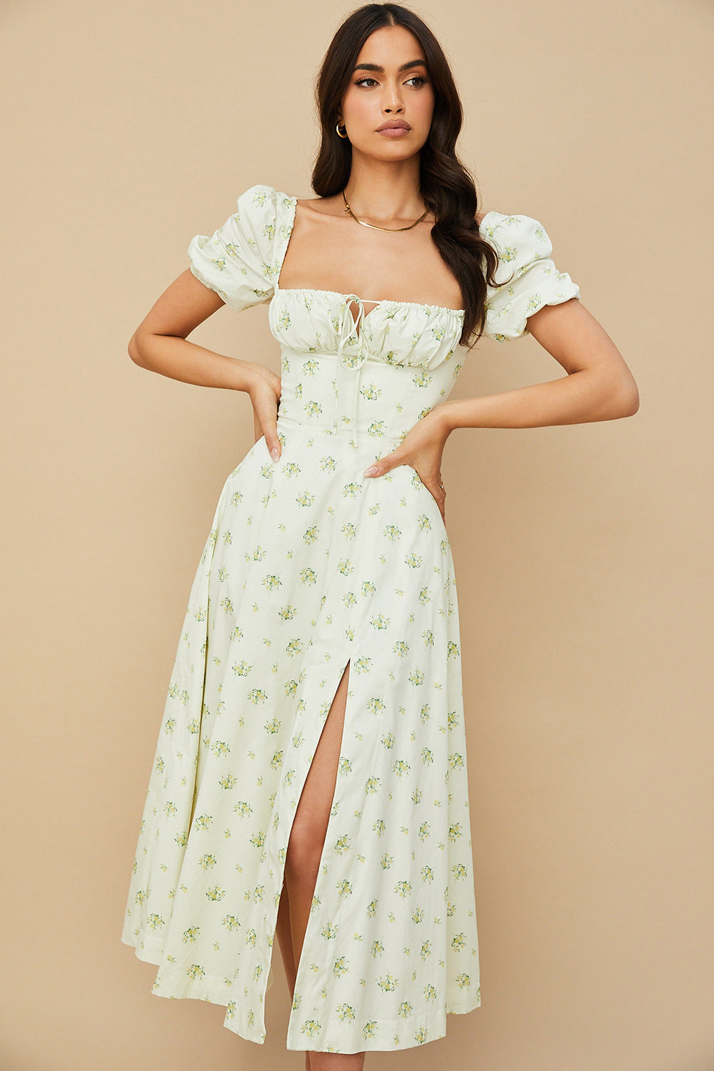 Women Summer Top Product Puff Sleeve Floral Tie Neck High Slit Women Dress Summer by Ragazza