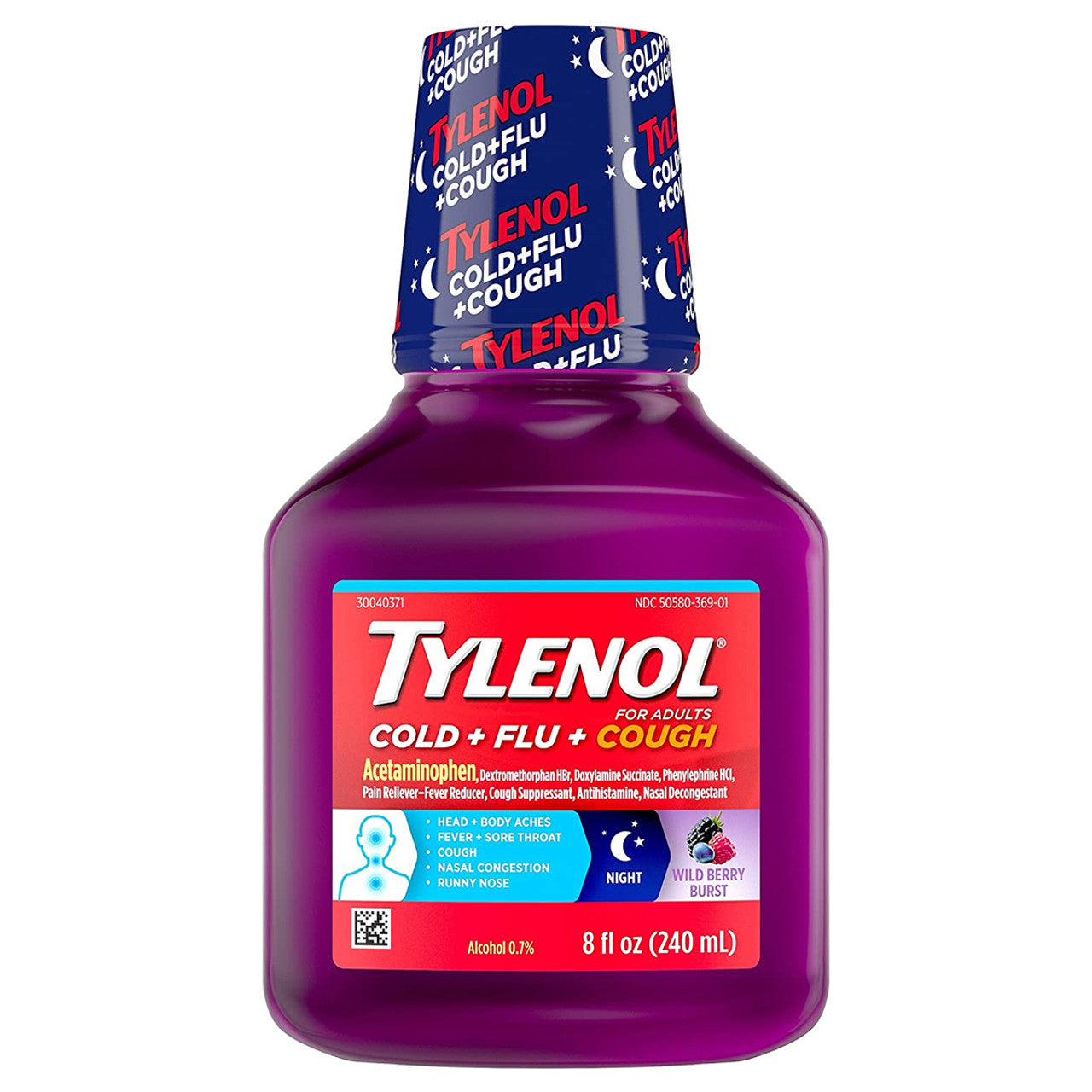 Tylenol Cold + Flu + Cough Night Wild Berry Burst Liquid For Adults, 8 Fl Oz by Pasteur Pharmacy