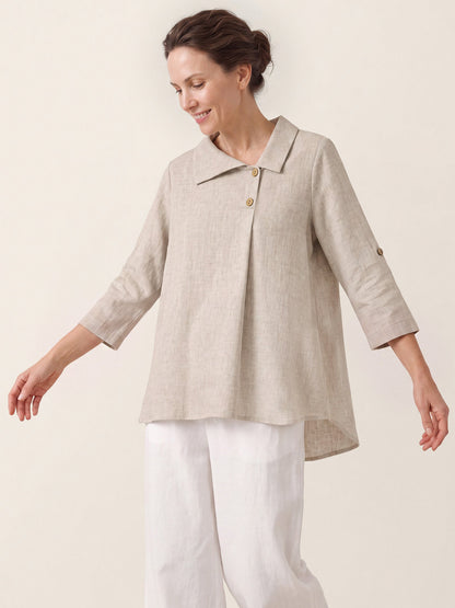 100% Linen Asymmetric Button Placket Shirt CLARISSA  DestGlow
