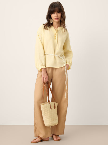 100% Linen Lace-Up Shirred Lantern Sleeve Blouse DOROTHEA by LINTICO