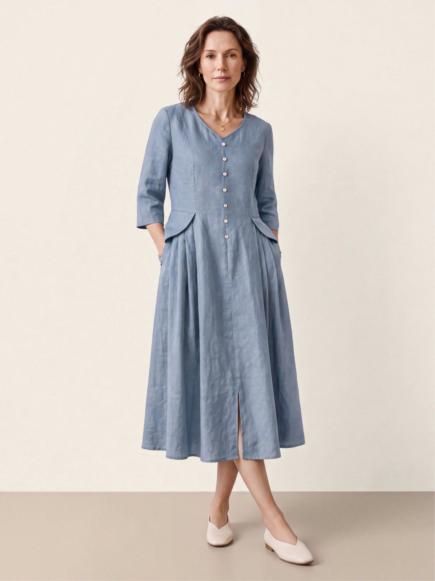 100% Linen Shell Button A-Line Midi Dress ELIORA  DestGlow